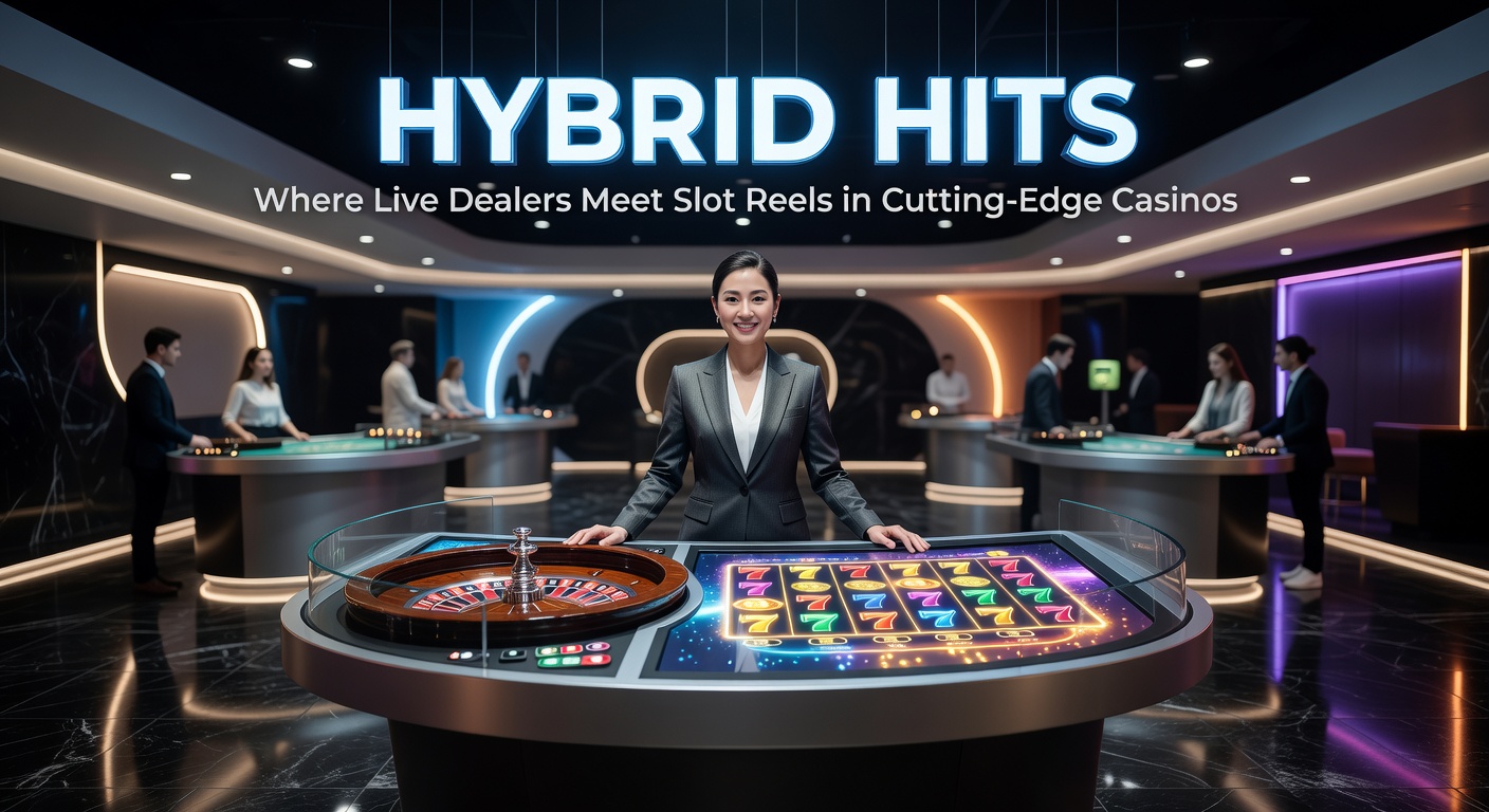 Ein dynamisches Hybrid-Spiel mit einem Live-Dealer vor Slot-Walzen und leuchtenden Effekten im Casino-Studio