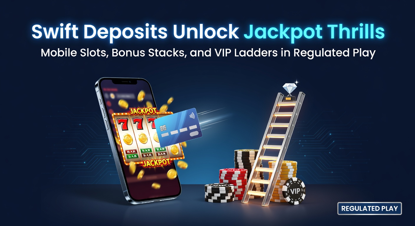 Smartphone mit leuchtendem Jackpot-Slot und schnellen Einzahlungsoptionen auf dem Bildschirm, umgeben von Bonus-Symbolen und VIP-Stufen